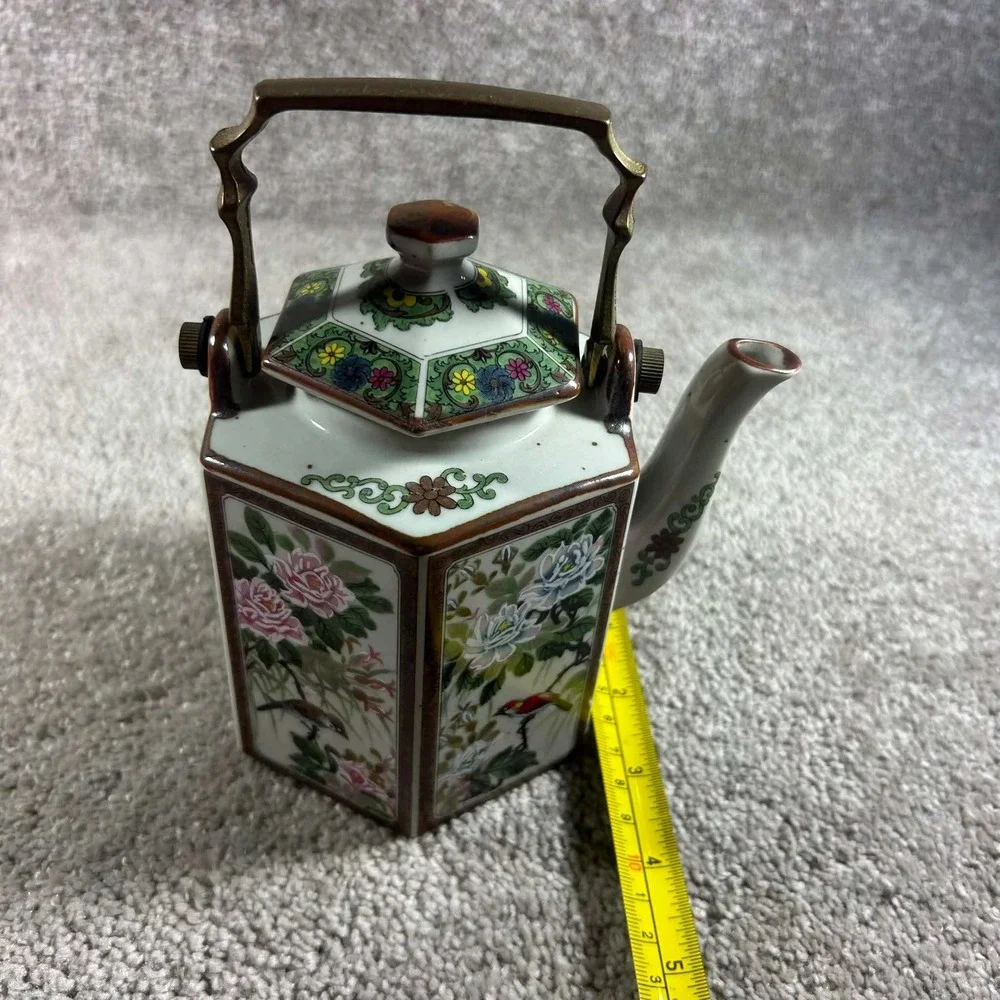 Andrea by Sadek Teapot White Floral Bird Hexagonal Brass Handle Japan Vintage